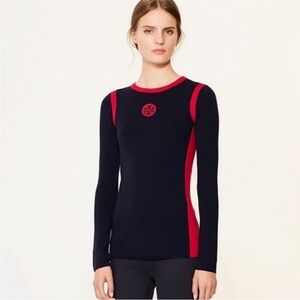 Tory Burch Marcia Sweater in Navy Blue and Red Logo Wool Size Medium Like New